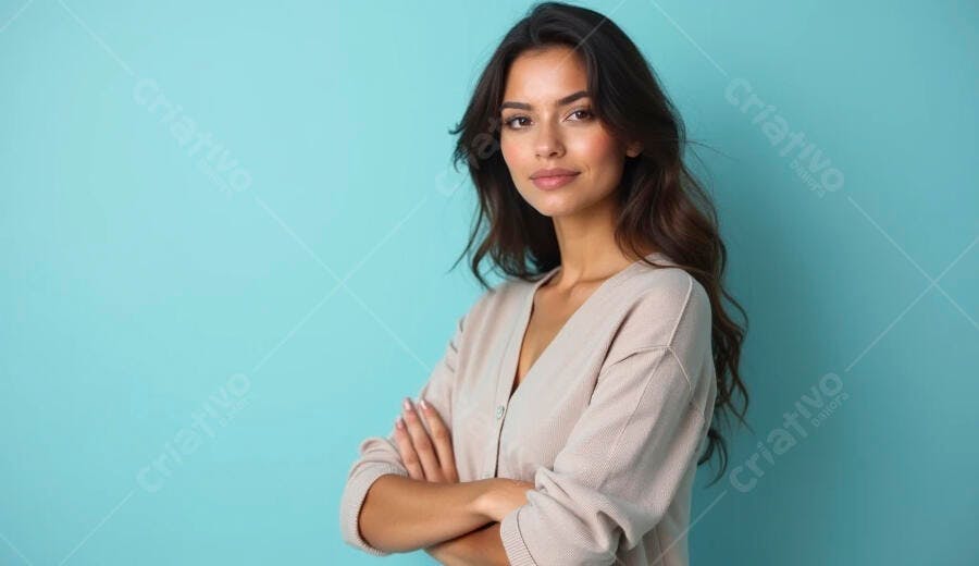 Mulher jovem morena de cardigan bege braços cruzados em fundo azul ciano