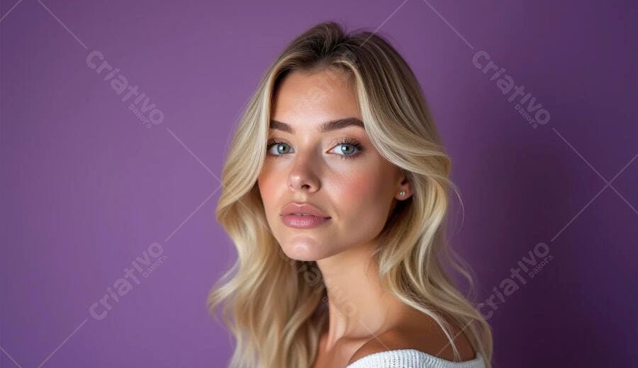 Mulher loira com olhos azuis e suéter branco em fundo roxo