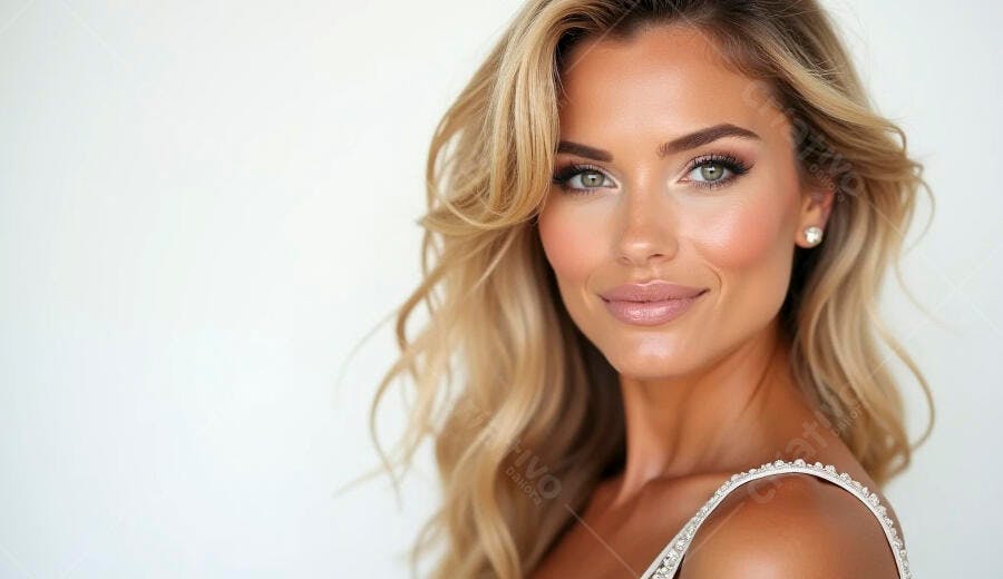 Mulher loira caucasiana sorrindo com maquiagem natural e vestido elegante