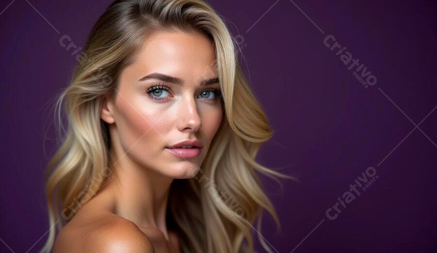 Mulher loira caucasiana com olhos azuis em close-up com fundo roxo