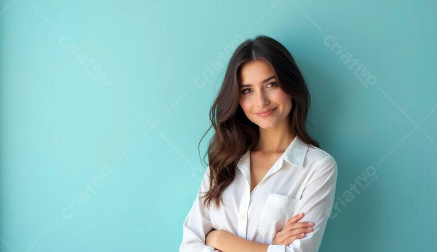 Mulher profissional sorrindo com braços cruzados em fundo azul