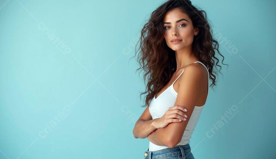 Mulher morena de cabelos cacheados com braços cruzados em fundo azul claro