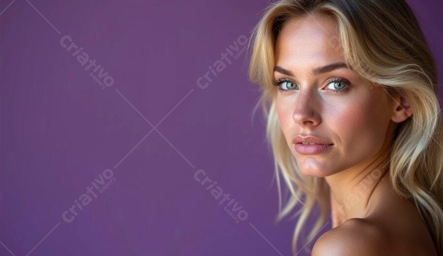 Mulher jovem loira olhos azuis-esverdeados no fundo roxo