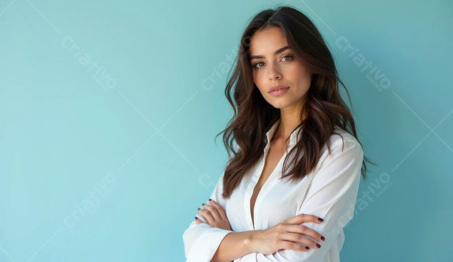 Mulher jovem profissional confiante de camisa branca braços cruzados fundo azul claro