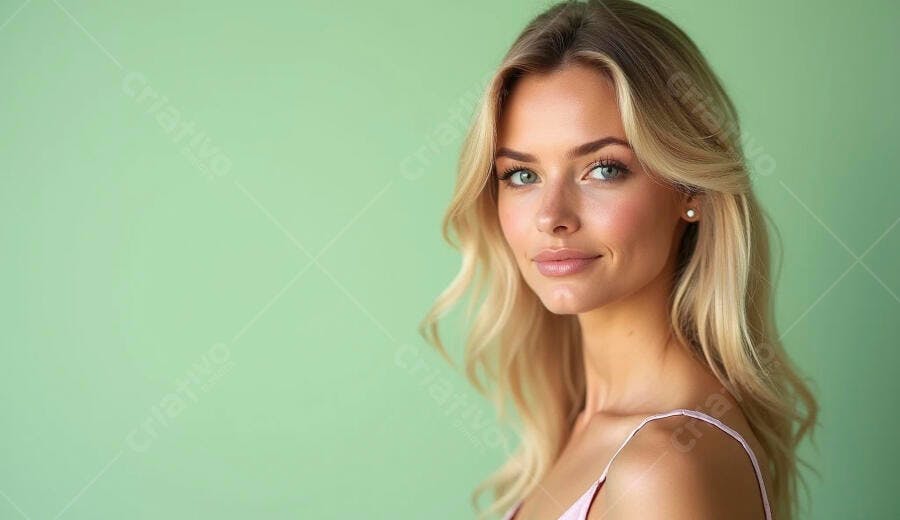 Mulher jovem loira caucasiana sorrindo com fundo verde menta