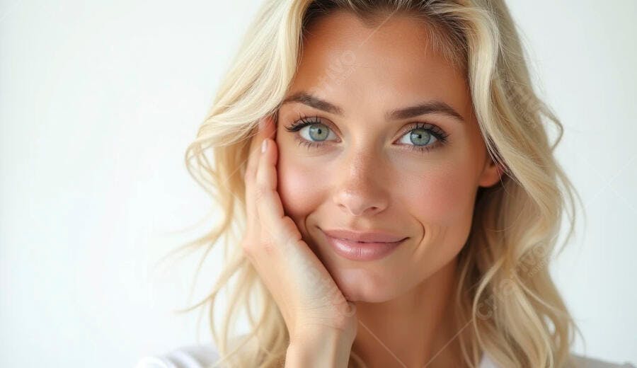 Mulher loira sorrindo com olhos azuis mão no rosto em retrato