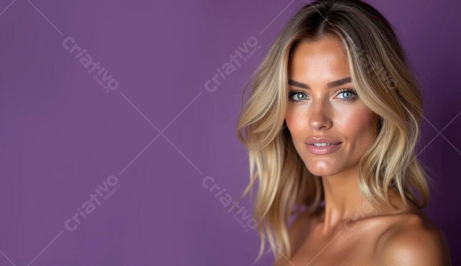 Mulher loira sorrindo com olhos azuis em fundo roxo vibrante