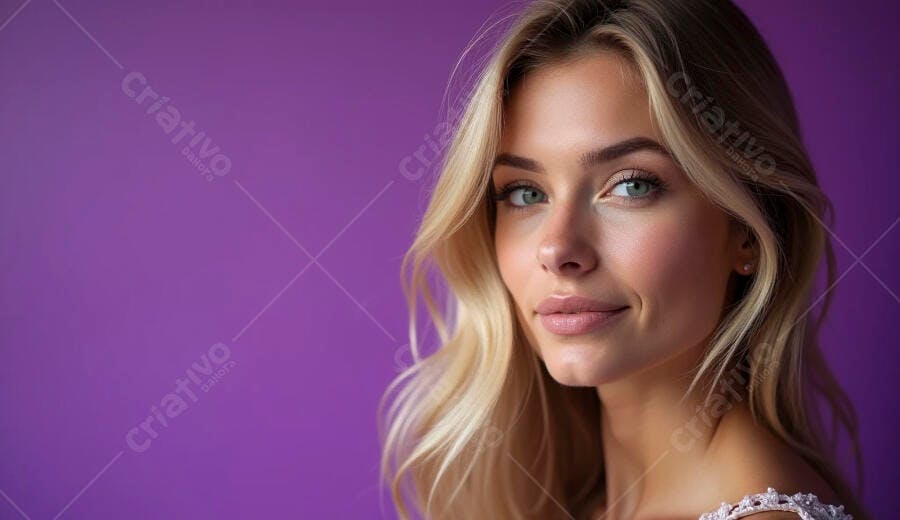 Mulher jovem loira com olhos verdes sorrindo em fundo roxo vibrante