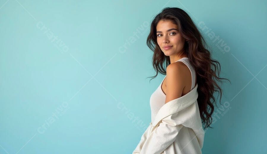 Mulher latina jovem sorrindo com blazer branco em fundo azul claro