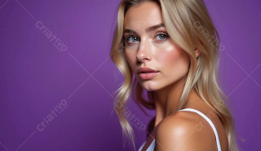 Mulher loira caucasiana com olhos azuis em fundo roxo vibrante