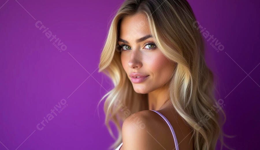 Mulher loira caucasiana bonita com olhos verdes olhando confiante fundo roxo