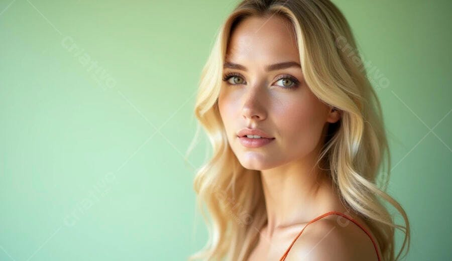 Mulher loira de olhos verdes em close-up com fundo verde menta