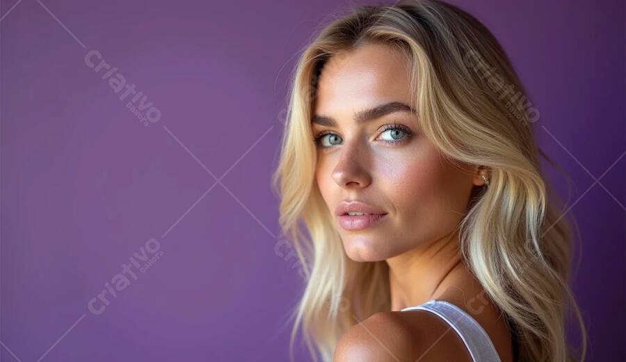 Mulher loira de olhos azuis com fundo roxo em retrato de estúdio