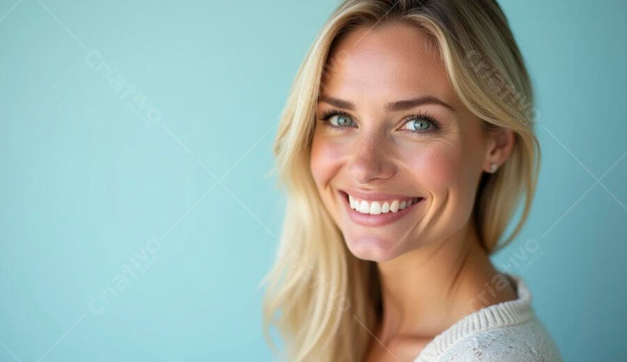 Mulher loira caucasiana sorrindo feliz com olhos azuis em fundo azul claro