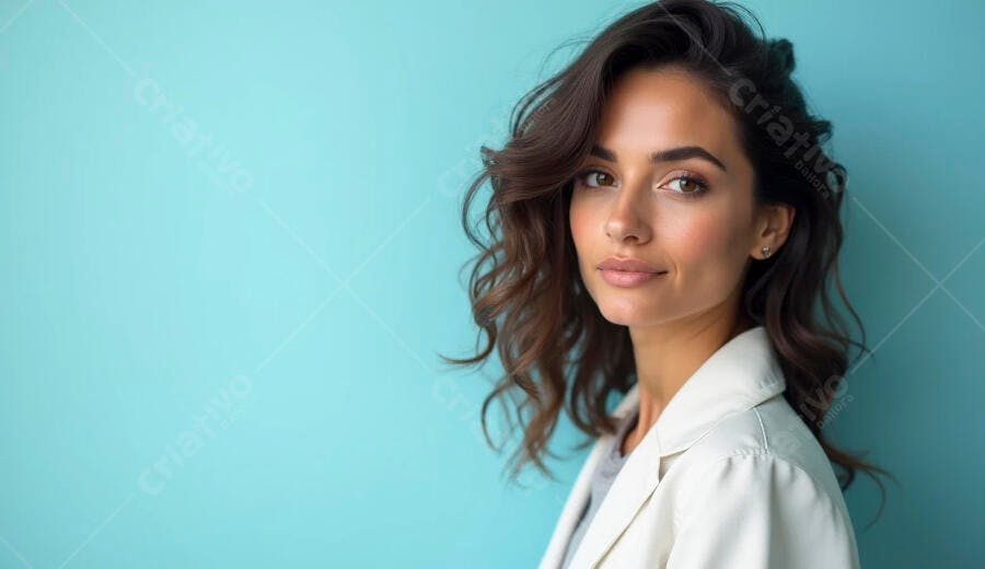 Mulher profissional jovem com blazer creme e cabelo castanho em fundo azul-água