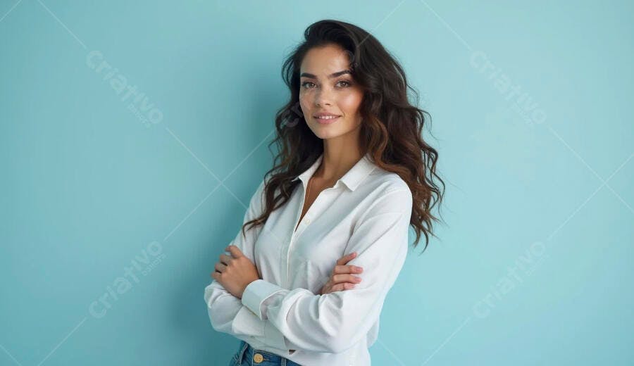 Mulher morena profissional de camisa branca sorrindo confiante fundo azul