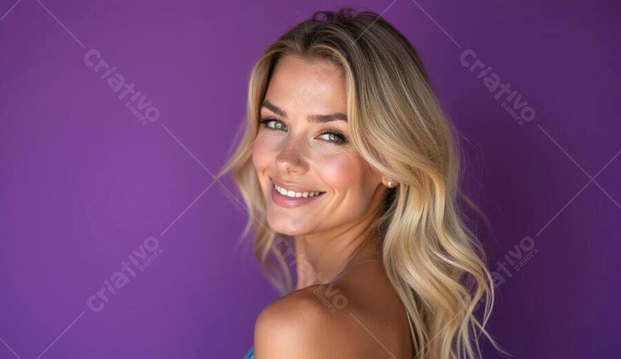 Mulher loira sorrindo com olhos verdes contra fundo roxo vibrante
