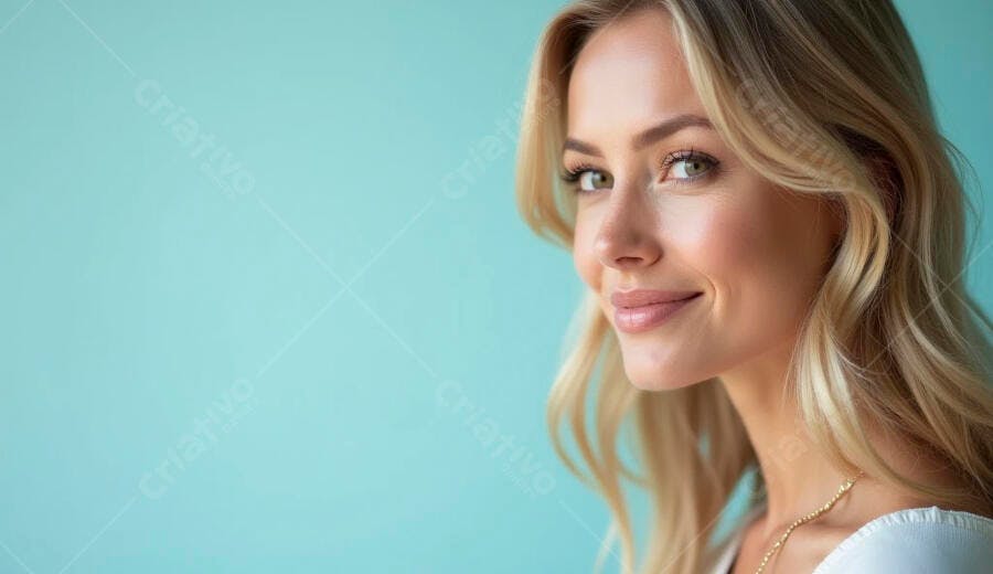 Mulher loira caucasiana sorrindo com olhos verdes em fundo azul-turquesa