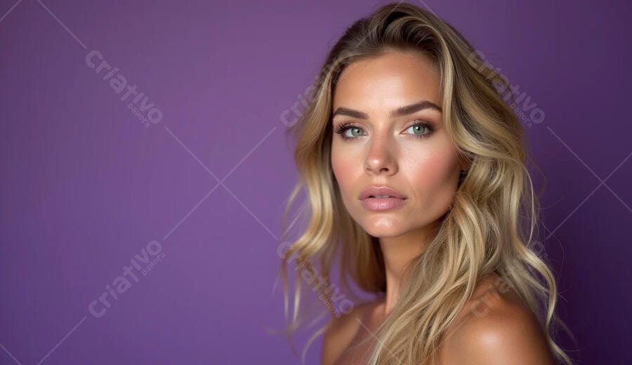 Mulher loira de olhos verdes em close-up com cabelos ondulados e fundo roxo