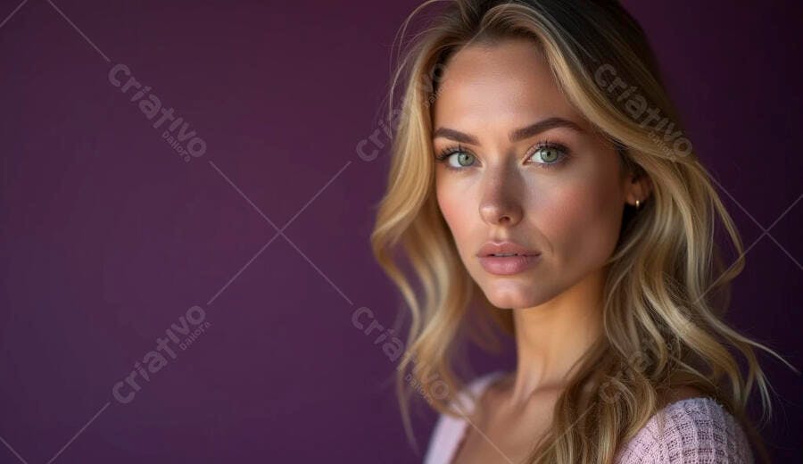 Mulher loira com olhos verdes e suéter rosa em fundo roxo