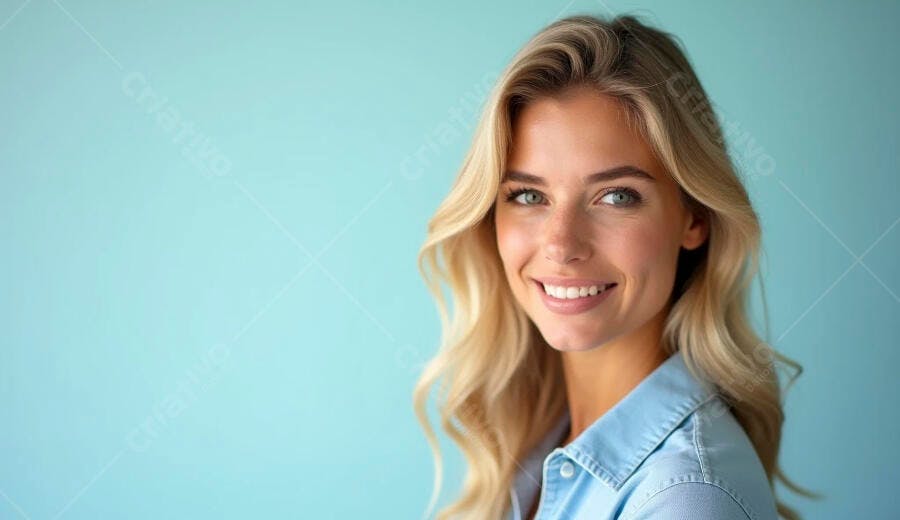 Mulher loira caucasiana sorrindo feliz olhos verdes camisa azul fundo claro