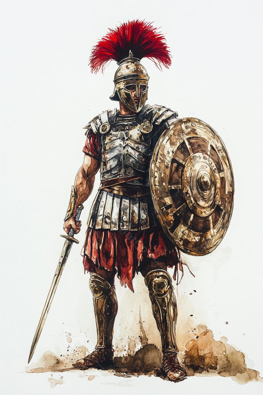 Guerreiro romano com armadura dourada e pluma vermelha em aquarela