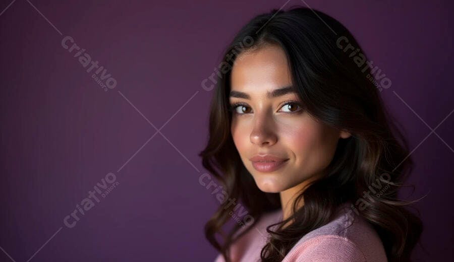 Mulher jovem latina sorrindo em suéter rosa com cabelo escuro e fundo roxo