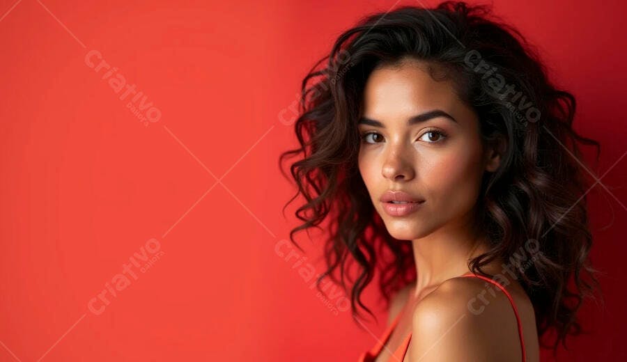 Mulher morena de cabelo cacheado olhando para a câmera em fundo vermelho vivo