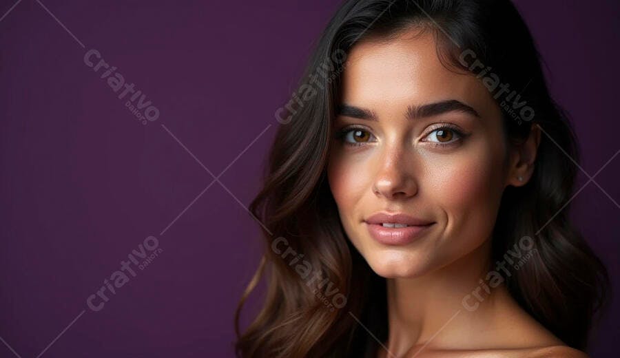 Mulher jovem morena sorrindo com cabelo castanho escuro em fundo roxo