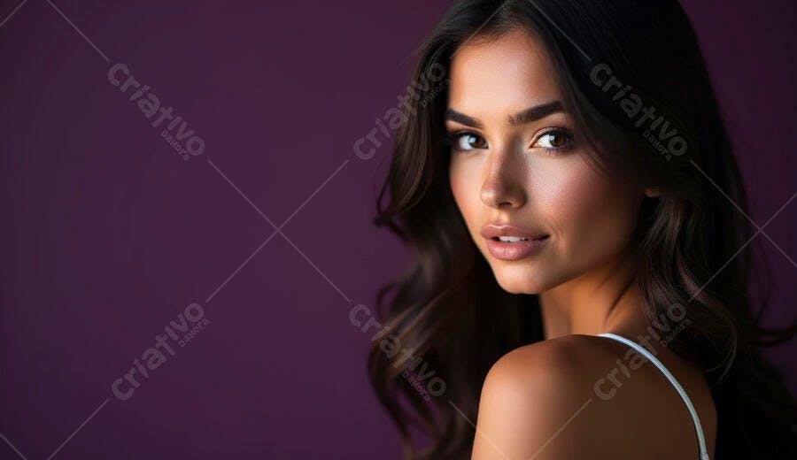 Mulher jovem de pele morena e cabelo escuro olhando para câmera fundo roxo