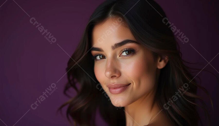 Mulher morena sorrindo com confiança em estúdio roxo
