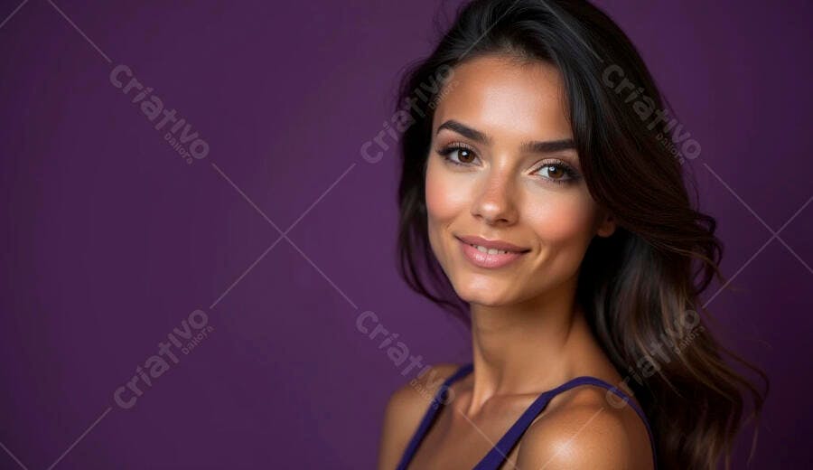 Mulher morena de sorriso natural cabelo escuro ondulado em fundo roxo vibrante