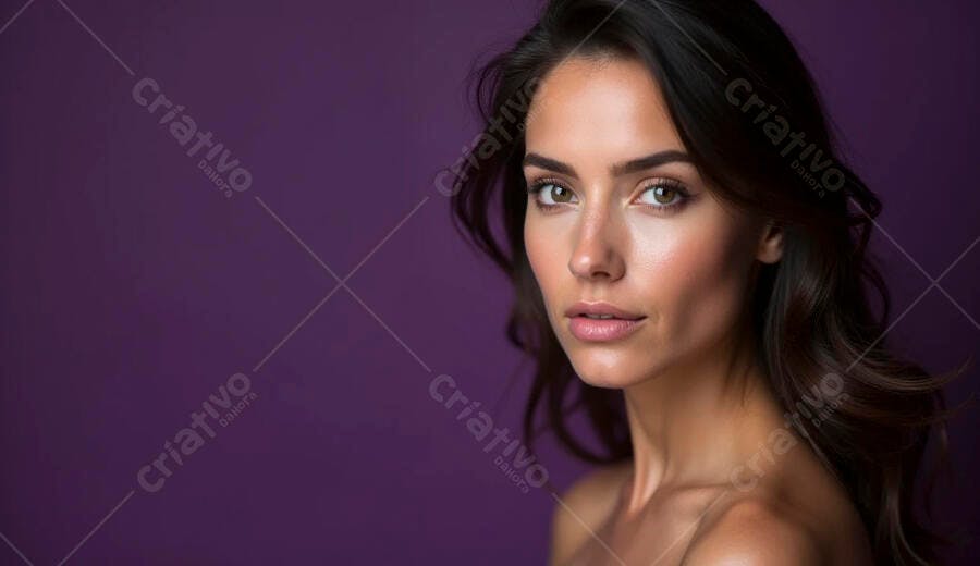Mulher elegante com olhos verdes cabelo escuro em estúdio violeta