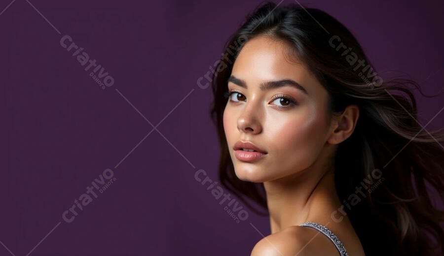 Modelo jovem com pele quente e cabelo escuro contra fundo violeta