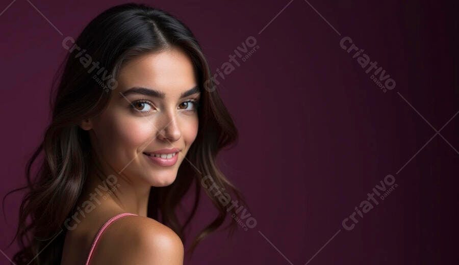 Mulher latina jovem sorrindo com cabelo escuro em fundo magenta