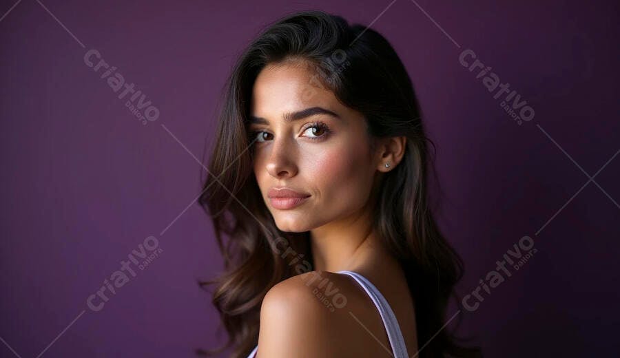 Mulher jovem de pele morena olhando por cima do ombro em fundo roxo vibrante