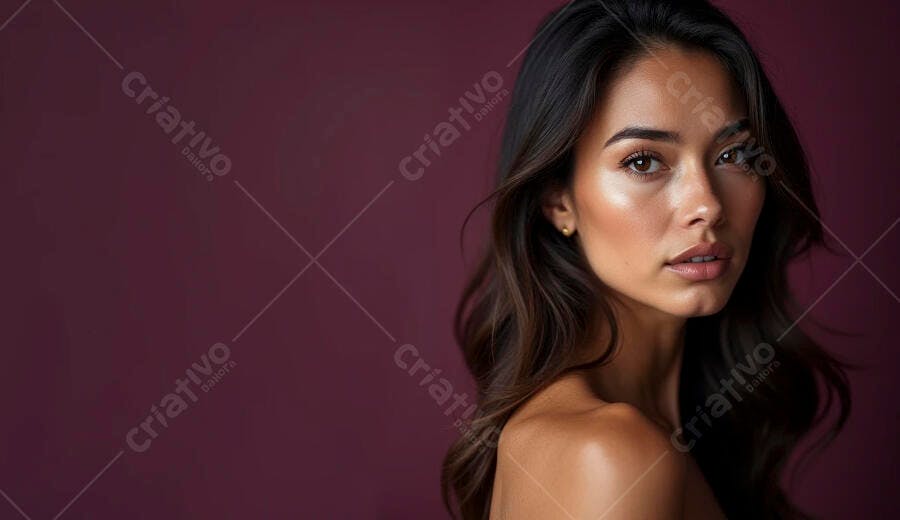 Mulher de pele bronzeada e cabelo ondulado com olhar intenso em fundo vinho