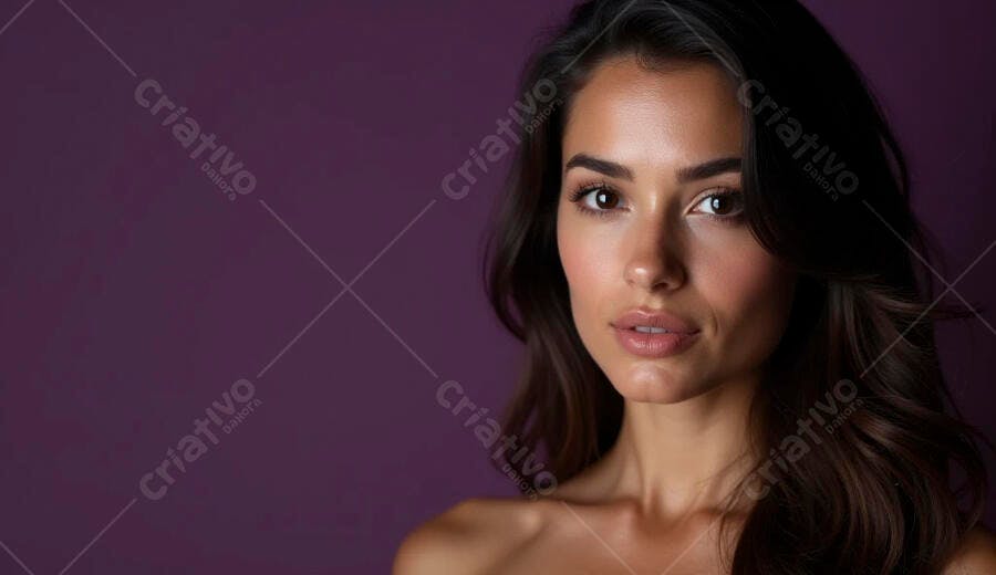 Mulher latina com cabelo ondulado e pele bronzeada em fundo roxo escuro