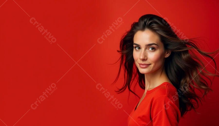 Mulher morena sorrindo com cabelo ao vento em fundo vermelho vibrante