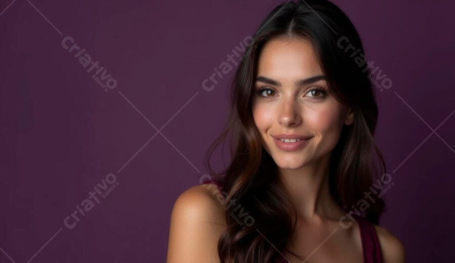 Mulher jovem com cabelo castanho sorrindo em fundo roxo vibrante