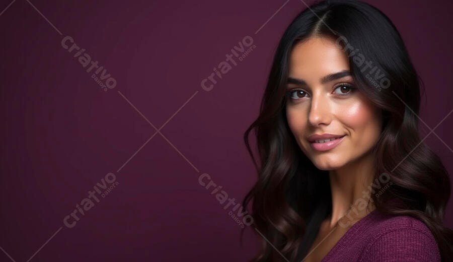 Mulher jovem latina sorrindo com cabelo ondulado escuro e blusa roxa