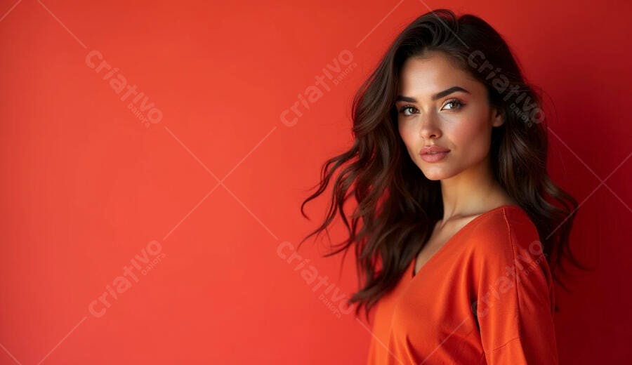 Mulher jovem morena confiante vestindo laranja em fundo vermelho