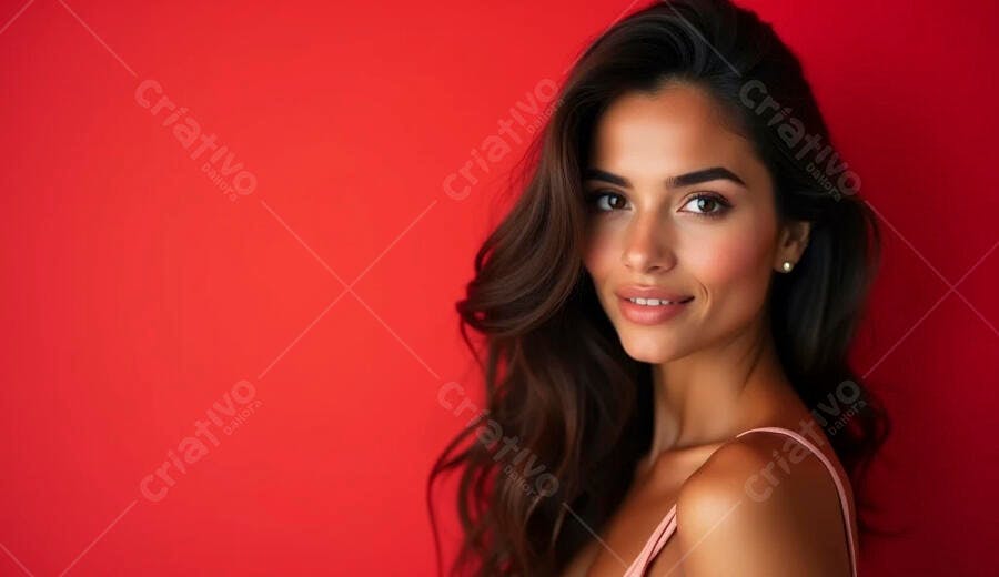Mulher jovem latina sorrindo com cabelo longo em fundo vermelho