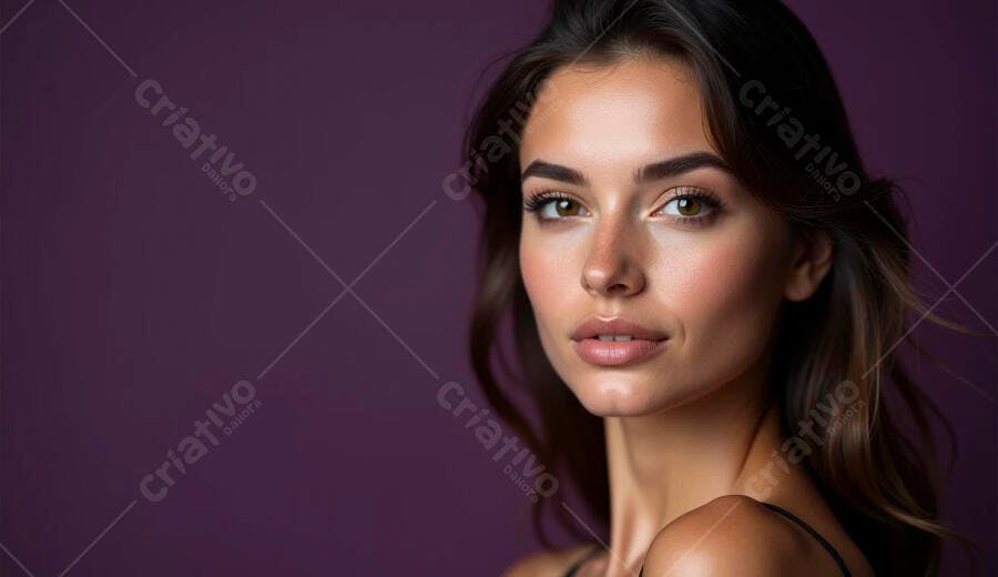 Mulher jovem caucasiana com cabelo castanho longo em retrato de beleza fundo roxo