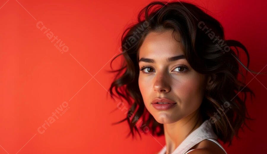 Mulher jovem com cabelo escuro ondulado olhando a câmera em fundo vermelho vibrante