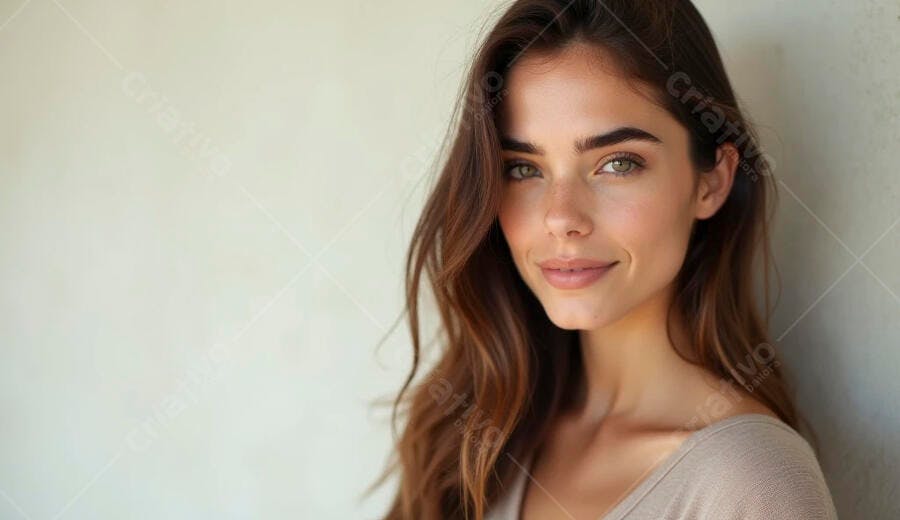 Mulher jovem sorrindo com cabelos castanhos e olhos verdes retrato natural