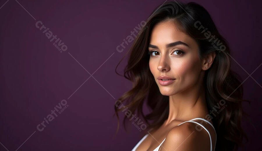Mulher morena confiante posando em estúdio roxo para beleza