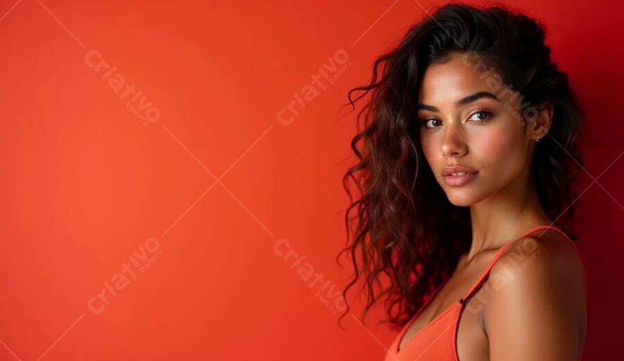 Mulher jovem morena cabelo cacheado em retrato de estúdio com fundo vermelho
