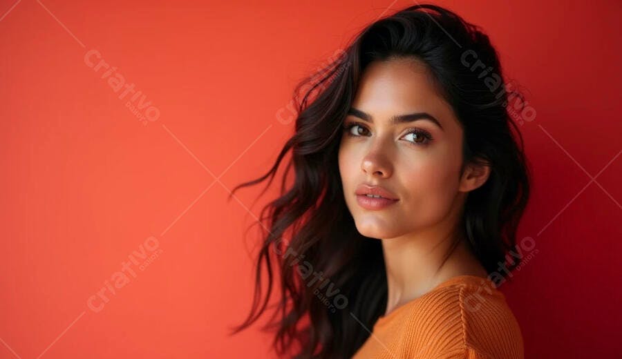 Mulher morena confiante com blusa laranja em fundo vermelho vibrante