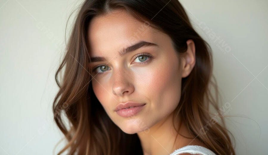 Mulher jovem com cabelo castanho e olhos verdes em retrato próximo